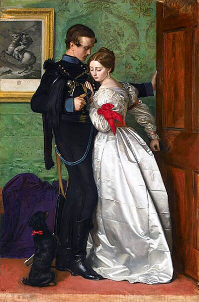 A Victorian-era painting depicting typical arsenic green wallpaper; the paint itself also contains arsenic green (The Black Brunswicker by John Everett Millais, 1860).