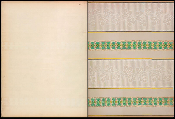 Sample of arsenic green wallpaper from the book Shadows from the Walls of Death: Facts and Inferences Prefacing a Book of Specimens of Arsenical Wallpaper (Dr. Robert C. Kedzie, 1874).