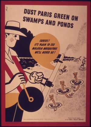 U.S. Public Health Service poster promoting the spraying of Paris green to prevent the spread of malaria (1940s).