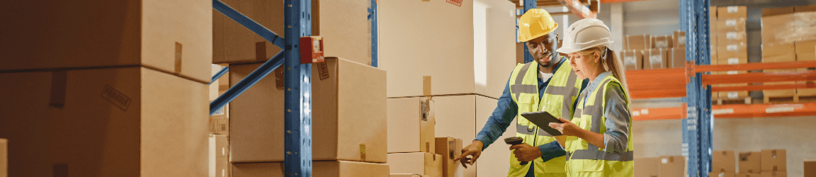 A man and woman wearing hard hats and safety vests view a tablet next to boxes in a warehouse.