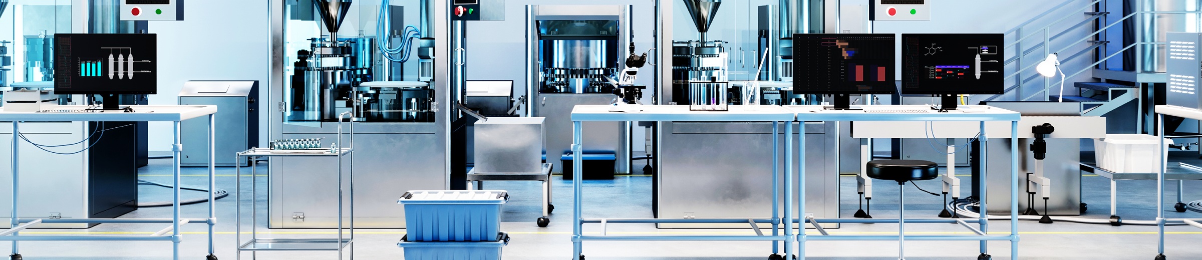 A modern laboratory setting with no human presence, featuring multiple workstations. Each station includes a computer displaying graphical data, surrounded by various high-tech equipment and machinery for scientific analysis or experiments. The room has a clean and professional appearance with blue flooring and white walls, complemented by bright lighting that ensures clear visibility of the precise setup.