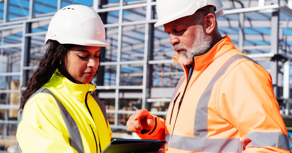 A construction manager and an apprentice wearing safety helmets and reflective vests stand at an active job site reviewing building plans on a clipboard, with steel framework and equipment visible in the background.