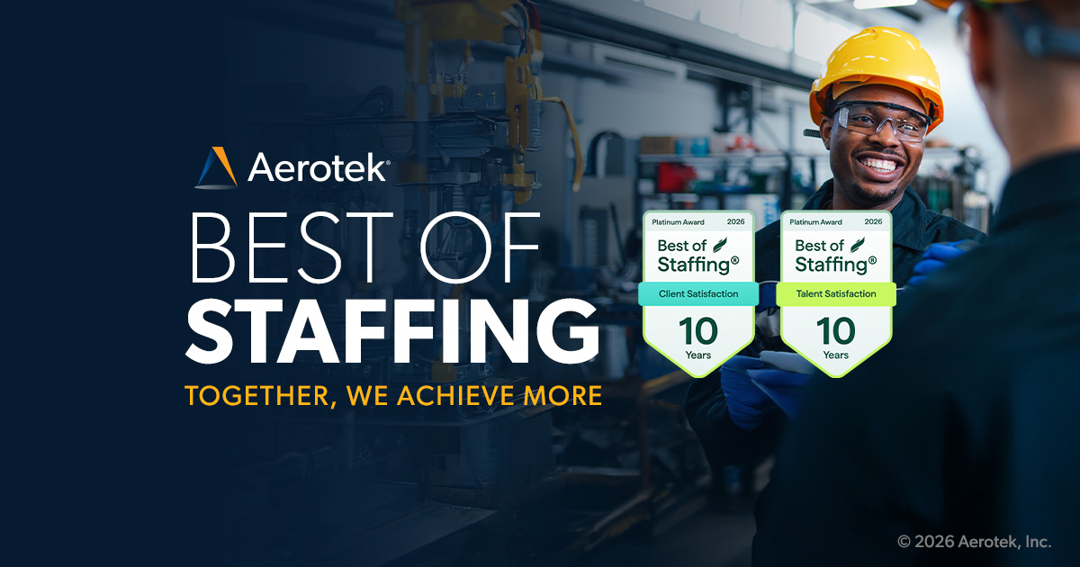 This image announces Aerotek has received 2026 Best of Staffing® Client and Talent Platinum Awards 