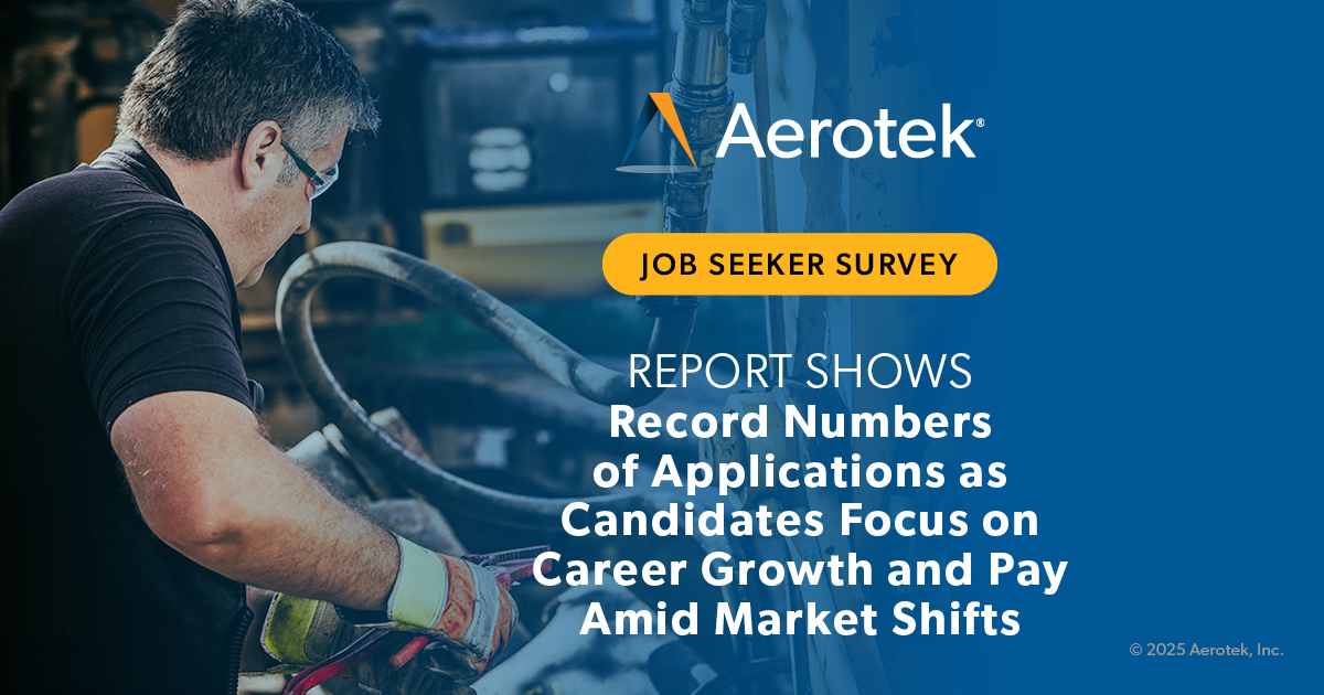 This image supports the release of Aerotek’s Job Seeker Survey: Q4 2025. The graphic reads “Report Shows Record Numbers of Applications as Candidates Focus on Career Growth and Pay Amid Market Shifts” It features a background image of a worker organizing equipment. 
