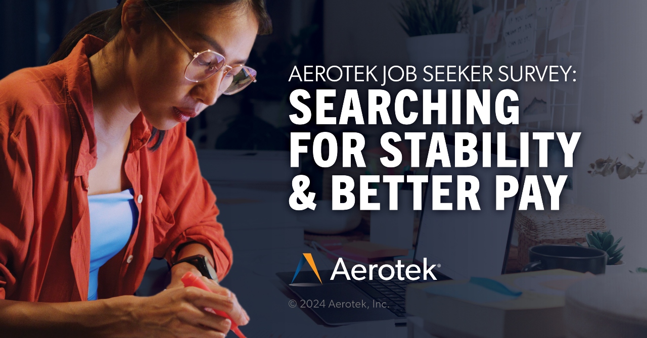 Promotional graphic for the Aerotek Job Seeker Survey titled ‘SEARCHING FOR STABILITY & BETTER PAY’. It depicts a pixelated figure in a red shirt seated at a desk, working on a laptop. The survey is attributed to ‘©2024 Aerotek, Inc.