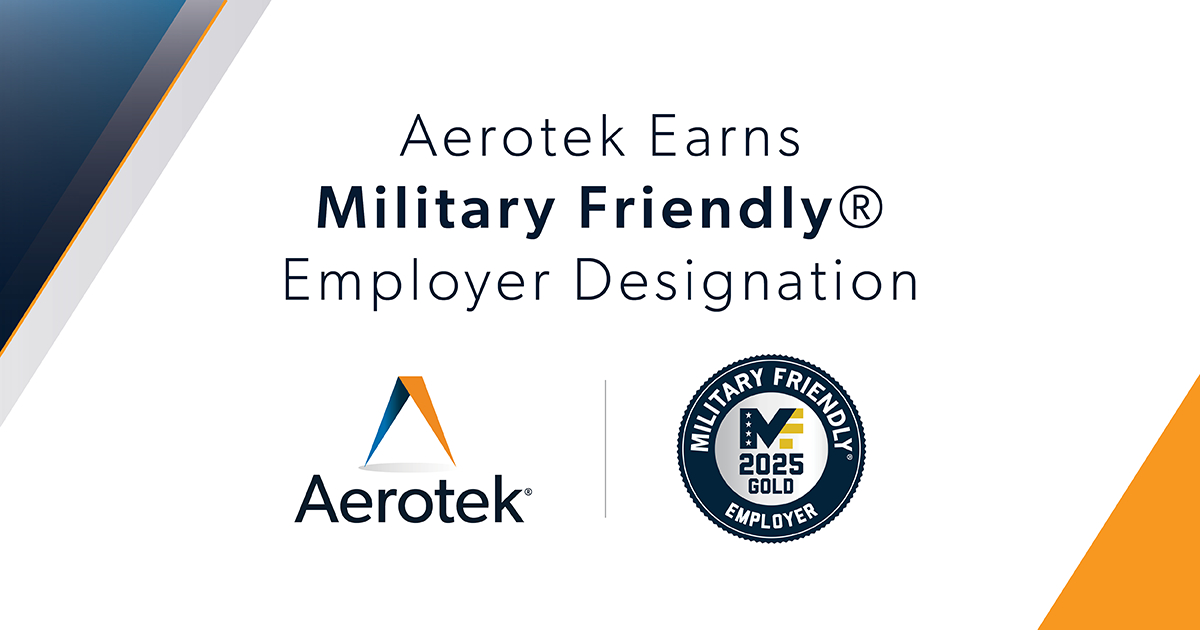 An image highlighting that Aerotek has been awarded the 2025 Military Friendly® Employer designation, receiving a Gold rating for the second consecutive year.