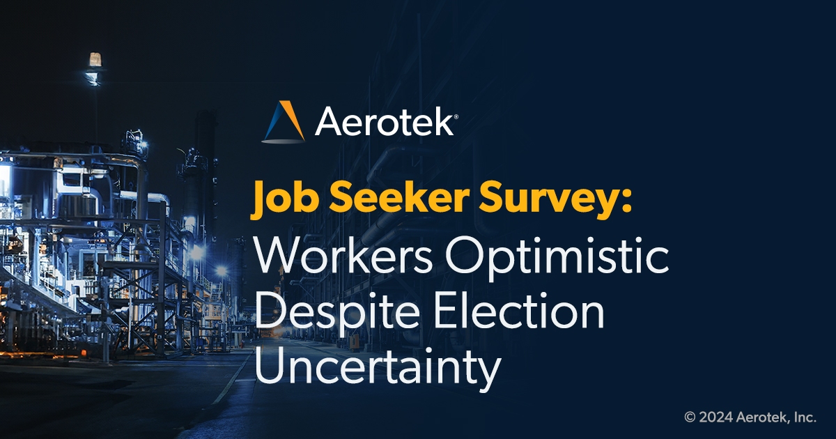 This image promotes the press release for Aerotek's Job Seeker Survey for Fall 2024. The words "Job Seeker Survey: Workers Optimistic Despite Election Uncertainty ". The background features a shot of an factory at night. 