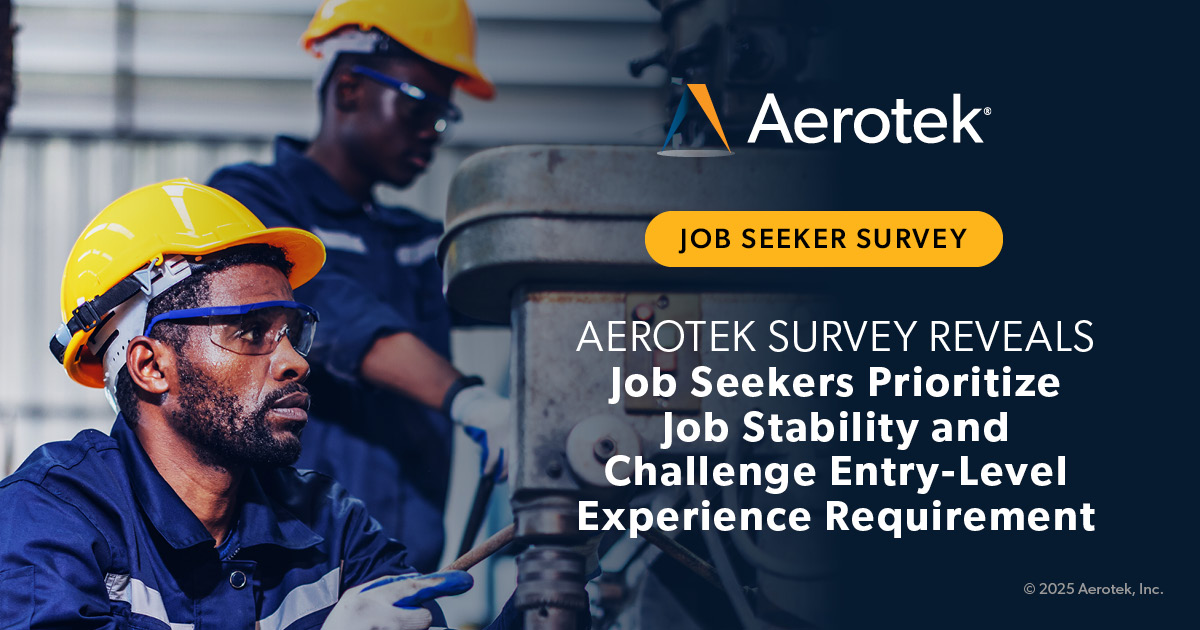 This graphic supports a press release and reads: "Aerotek survey reveals job seekers prioritize job stability and challenge entry-level experience requirements"
