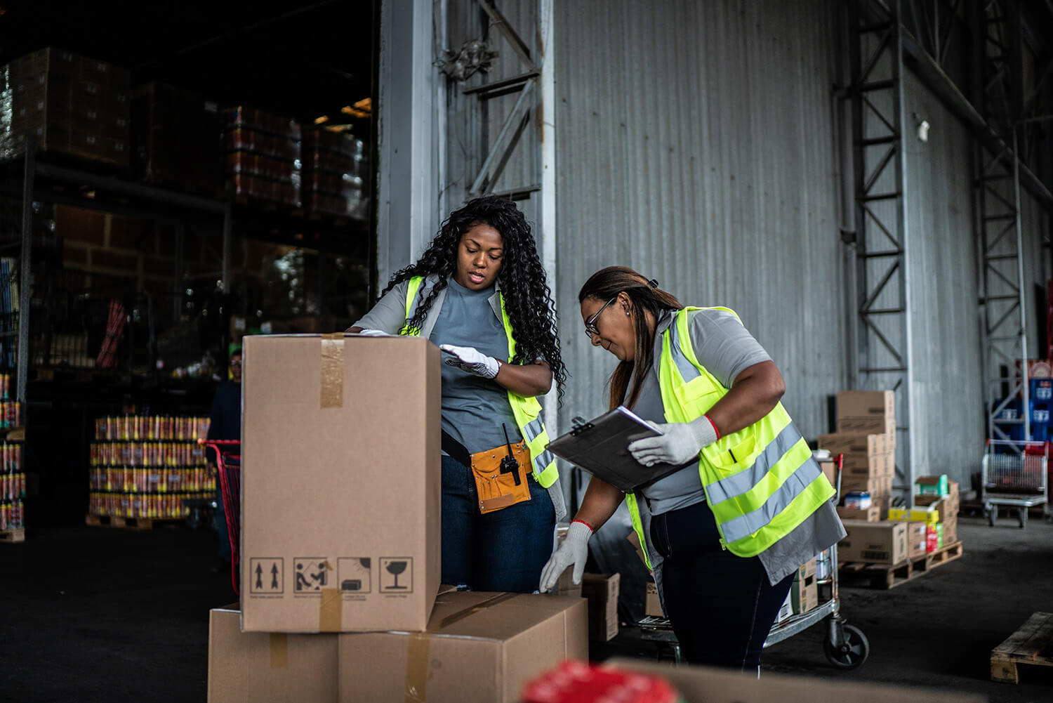 two women in warehouse inspecting boxes
