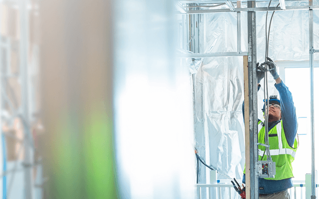 Man working as an electrician on a construction site wears protective equipment while reaching up to connect wiring