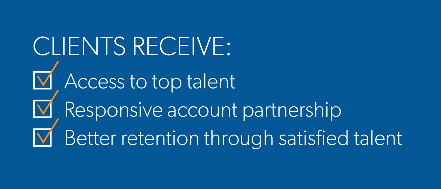 Les clients obtiennent les avantages suivants : l’accès aux meilleurs talents, à un partenaire responsable et dynamique et à une meilleure rétention résultant de la satisfaction des talents