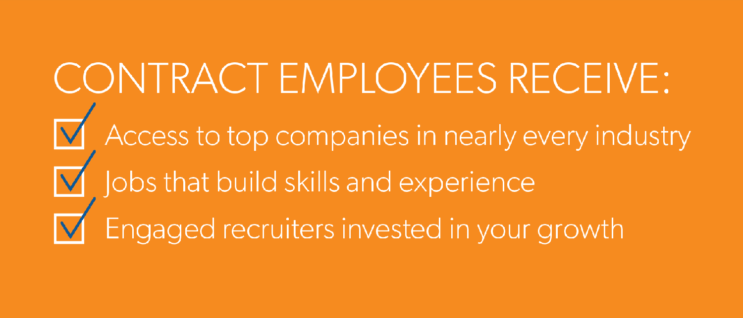  les employés contractuels obtiennent les avantages suivants : l’accès aux meilleures entreprises dans presque tous les secteurs, à des emplois qui permettent d’acquérir des compétences et de l’expérience et à des recruteurs engagés investis dans votre croissance