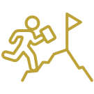 Career development illustrated icon of a person climbing a mountain to reach a flag.