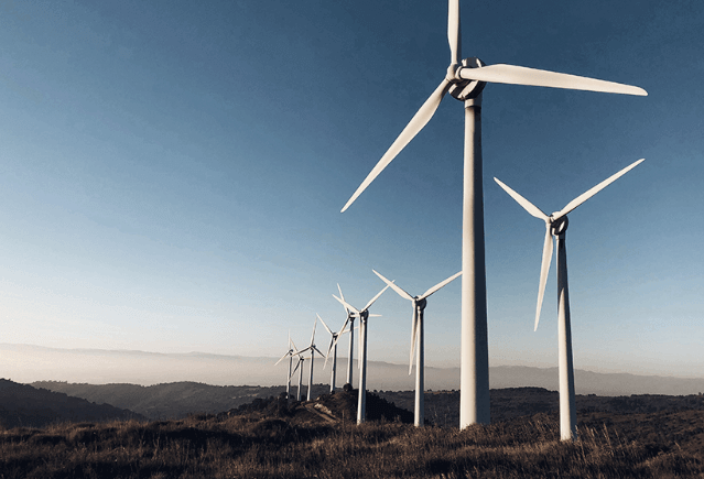 View of wind turbines within a field.