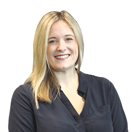 Photo of Jenny Clark White. Blonde caucasian woman with brown eyes and a big smile with a black shirt