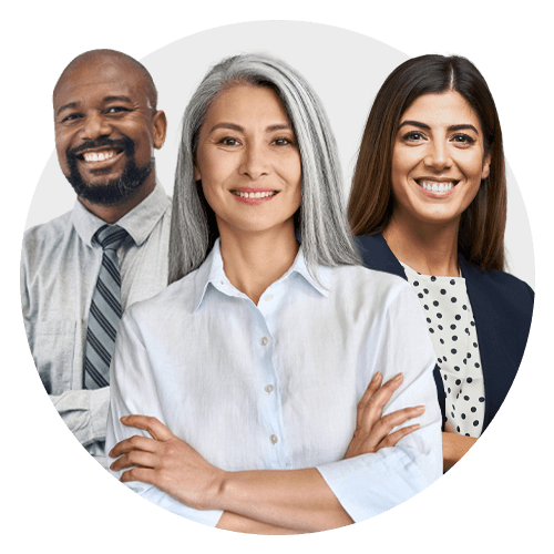 Three individuals in office attire stand together and are smiling