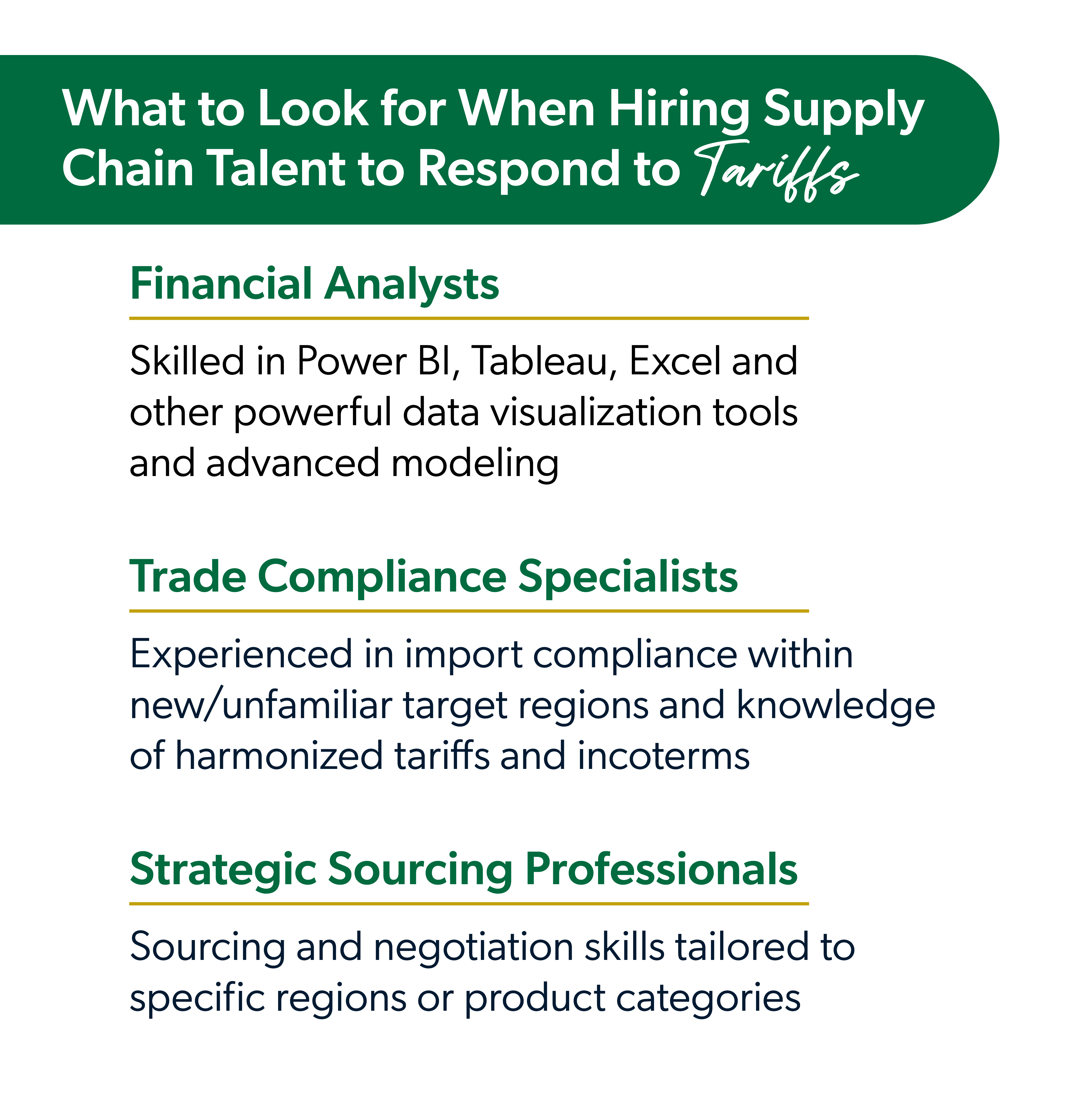 Infographic with three tips on what to look for when hiring supply chain talent to respond to tariffs.