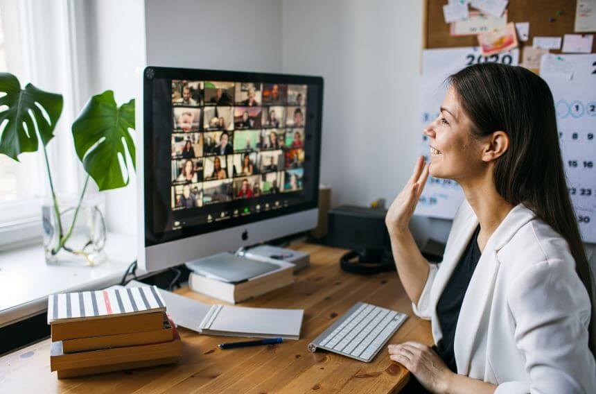 woman working remotely on desktop
