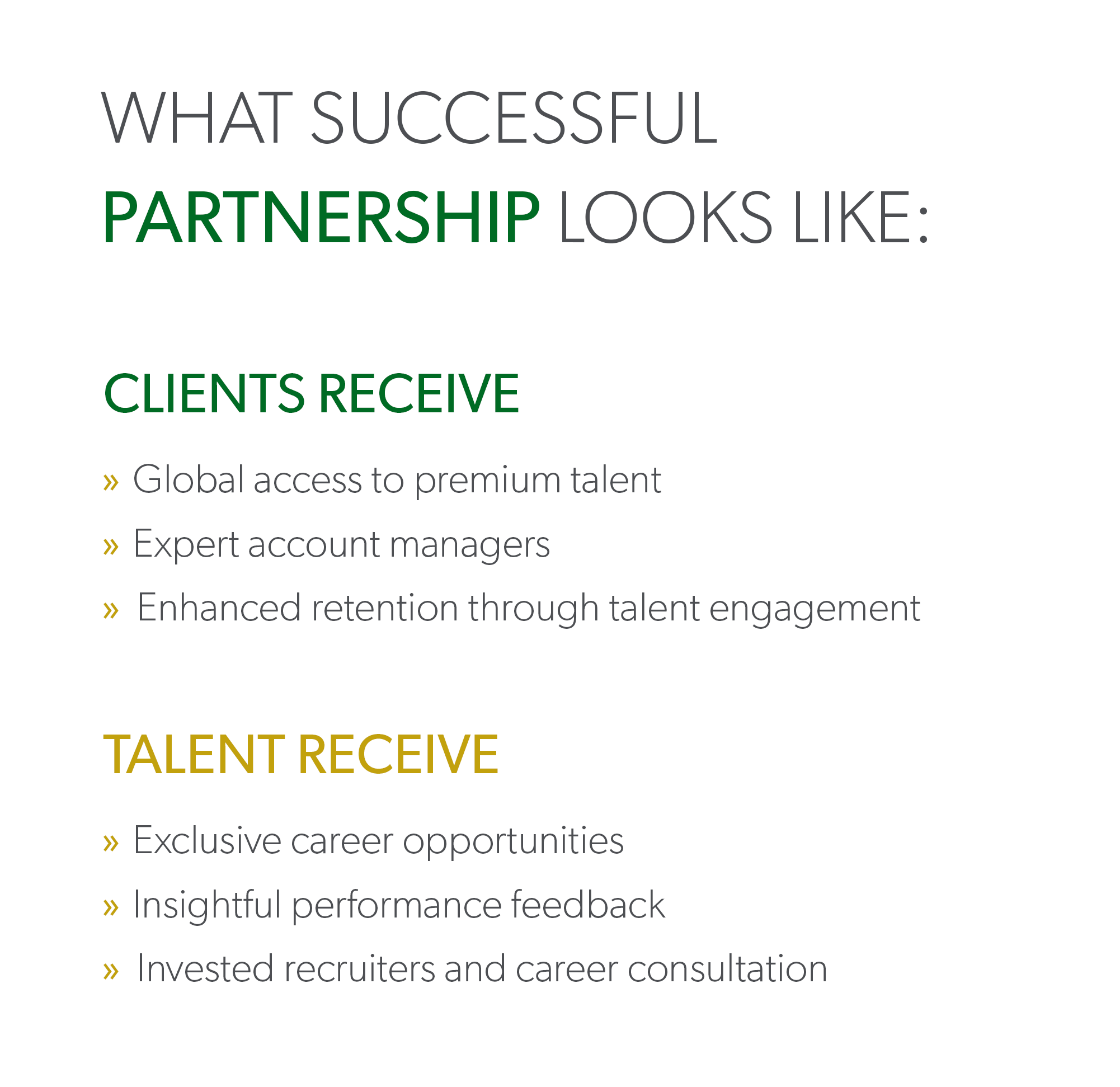graphic explaining what a successful partnership looks like, and what a client and talent receives.