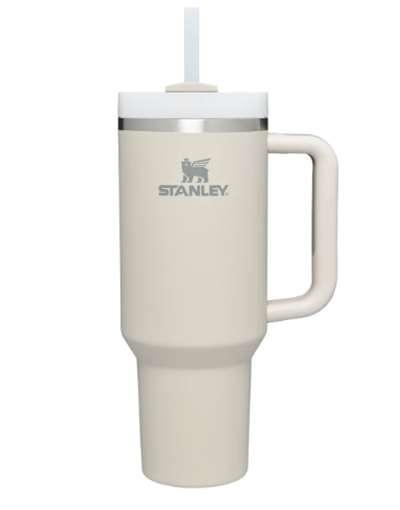 Cream and white colored Stanley brand large tumbler with a straw